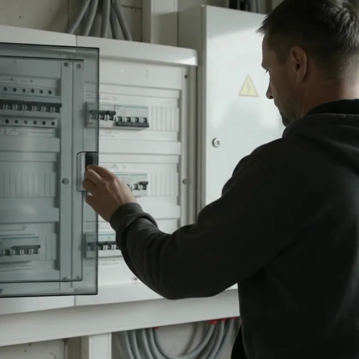Elektryk ogląda rozdzielnicę w nowym domu — wizualizacja