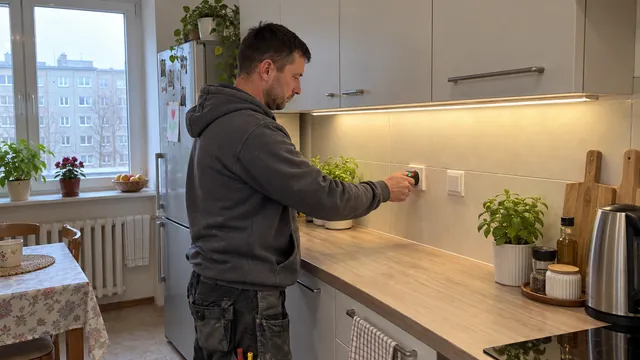 Elektryk sprawdza gotową instalację w zamieszkanej kuchni mieszkania w bloku