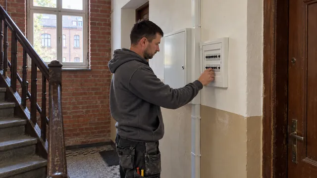 Elektryk kontroluje nową rozdzielnicę na klatce śląskiego familoka z czerwonej cegły