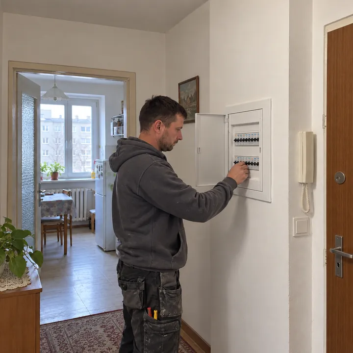 Elektryk sprawdza nową rozdzielnicę w mieszkaniu w rybnickim bloku