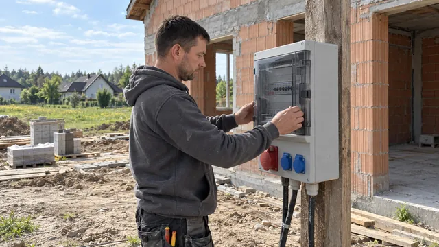 Elektryk sprawdza rozdzielnię budowlaną na słupku przy budowie domu